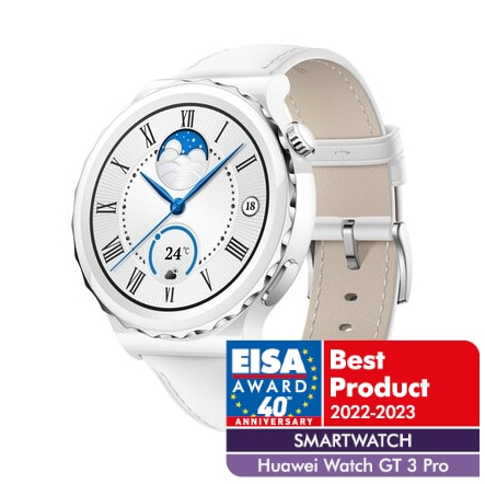 Biały smartwatch Huawei GT 3 Pro z naklejką EISA Award.
