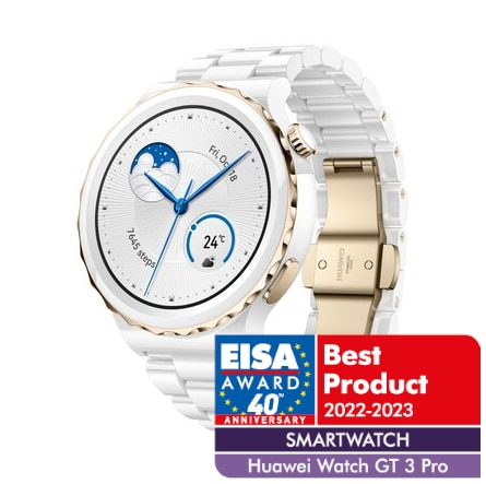 Biały smartwatch ze złotymi akcentami i białym paskiem, plus logo nagrody w rogu.