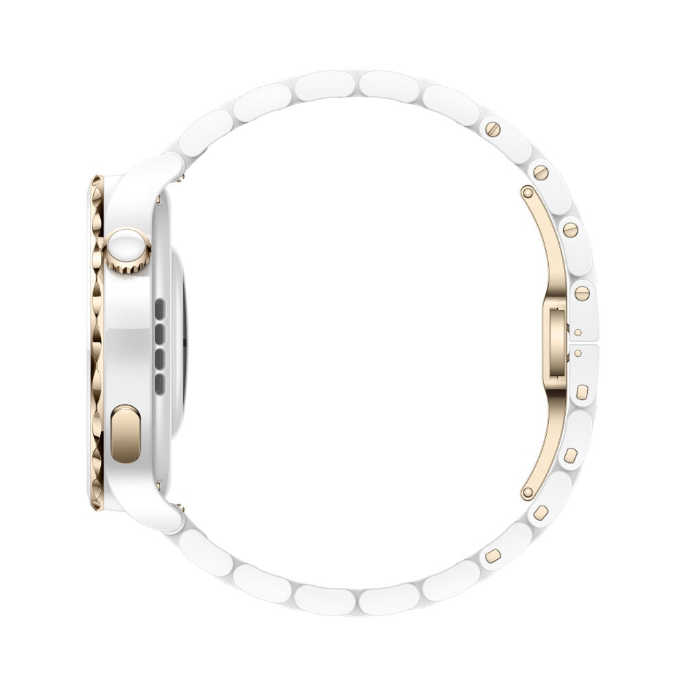 Widok z boku białego smartwatcha ze złotą ramką i białym paskiem.