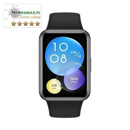 Czarny smartwatch z prostokątnym ekranem pokazującym godzinę, datę i statystyki.