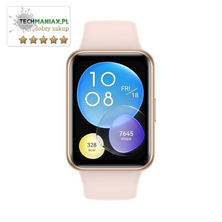 Smartwatch z różowym paskiem, wyświetlający datę, godzinę, kroki i spalone kalorie.