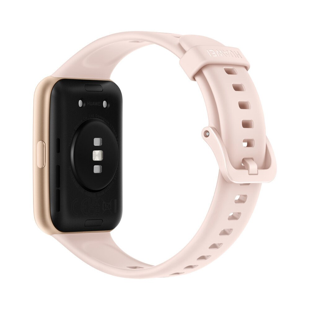Różowy i złoty smartwatch Huawei, leżący płasko, tyłem do góry.