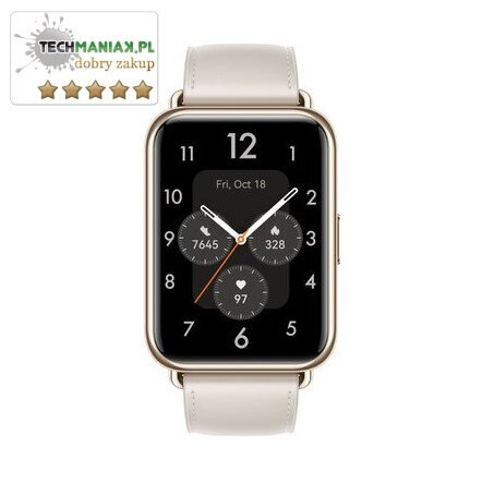 Złoty smartwatch z białym paskiem wyświetla godzinę i dane zdrowotne.
