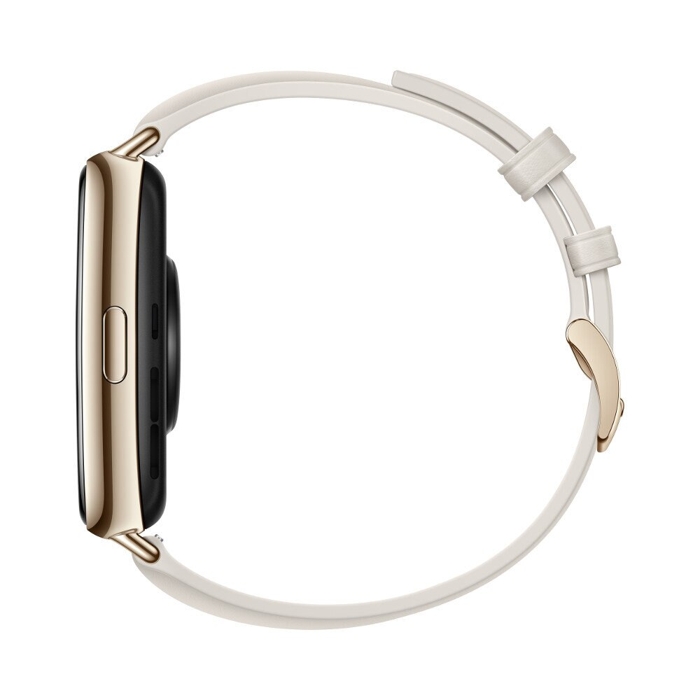 Złoty smartwatch z białym paskiem na białym tle.