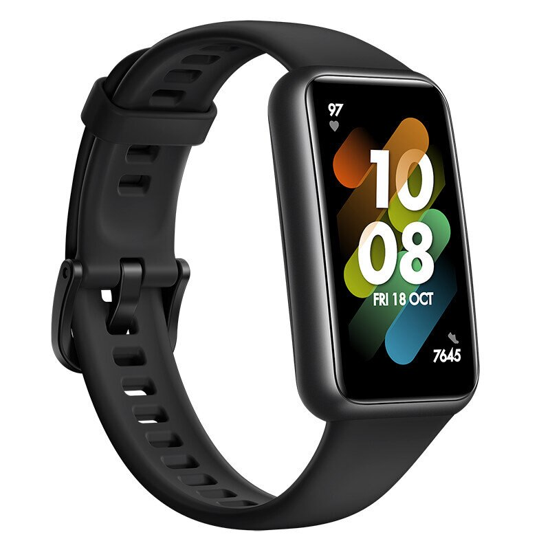 Czarna opaska fitness z cyfrowym wyświetlaczem: 10:08, pt 18 paź.