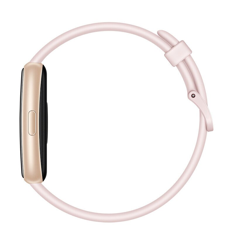Złoty smartwatch z jasnoróżową opaską, widok z boku.