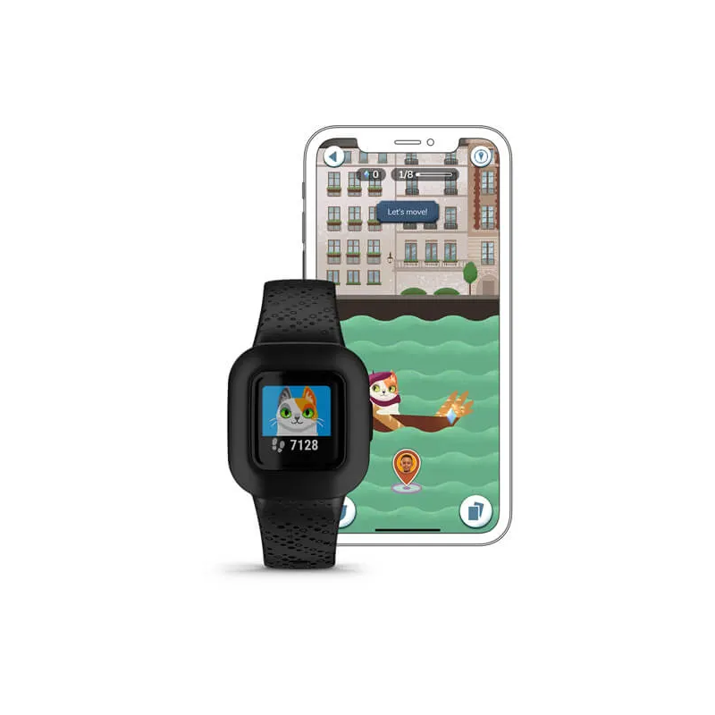 Smartwatch wyświetlający kreskówkowego kota, z telefonem pokazującym grę.