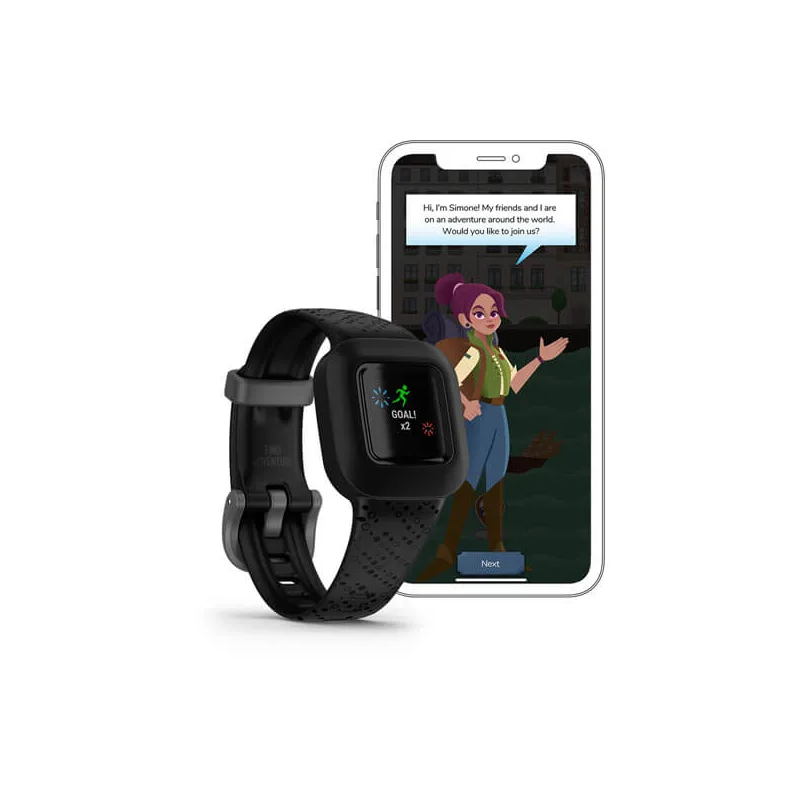 Czarny smartwatch na białej powierzchni, z telefonem pokazującym animowaną postać.