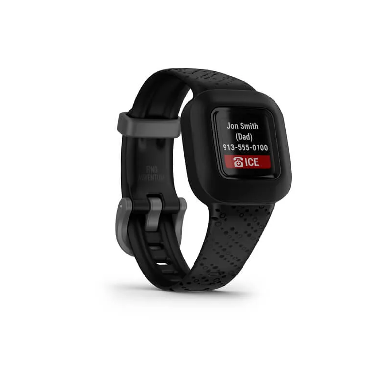 Czarny smartwatch wyświetlający kontakt i opcję połączenia alarmowego ICE.