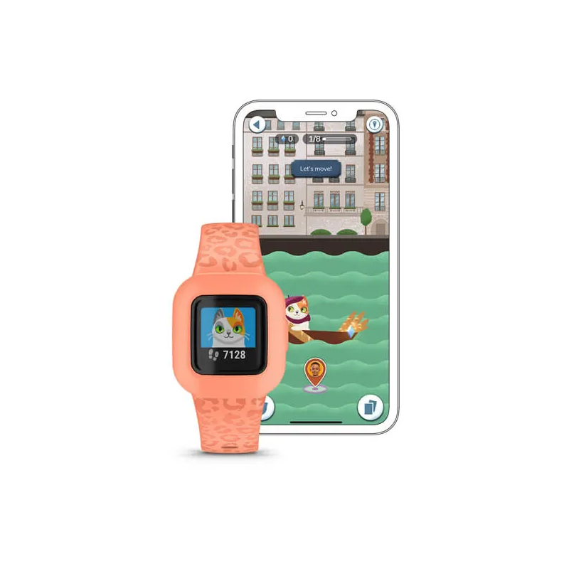 Smartwatch z grą z kotem na ekranie. Widoczny różowy pasek i grafika w stylu kreskówki.