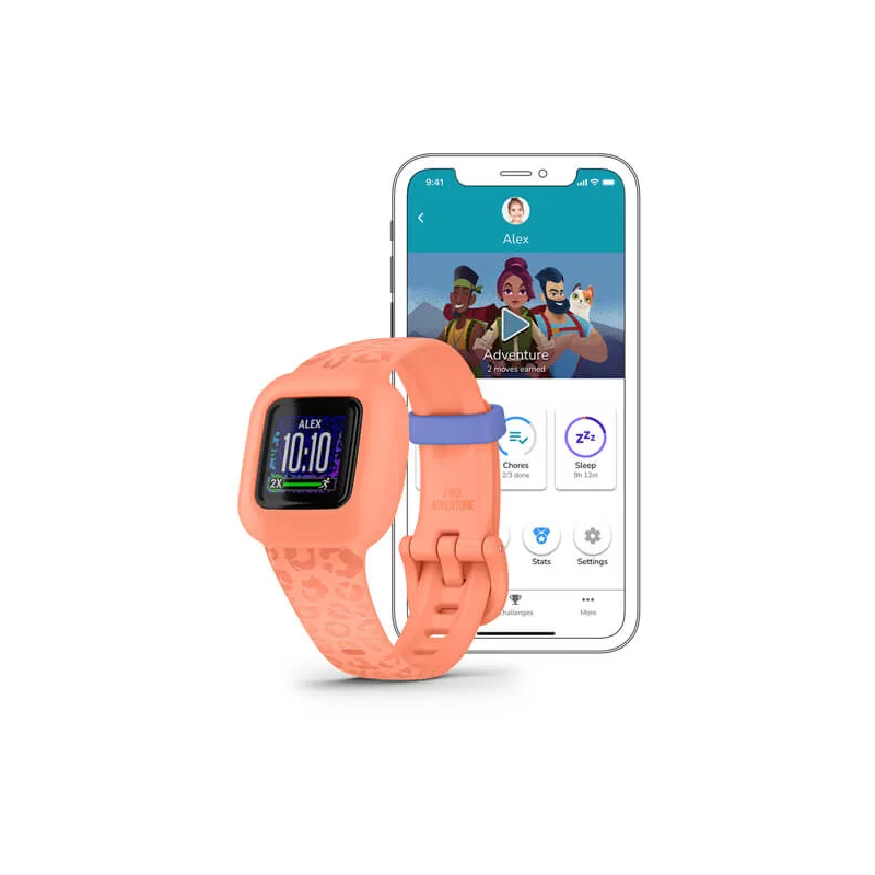 Pomarańczowy smartwatch dla dzieci z pasującą aplikacją na białym tle.