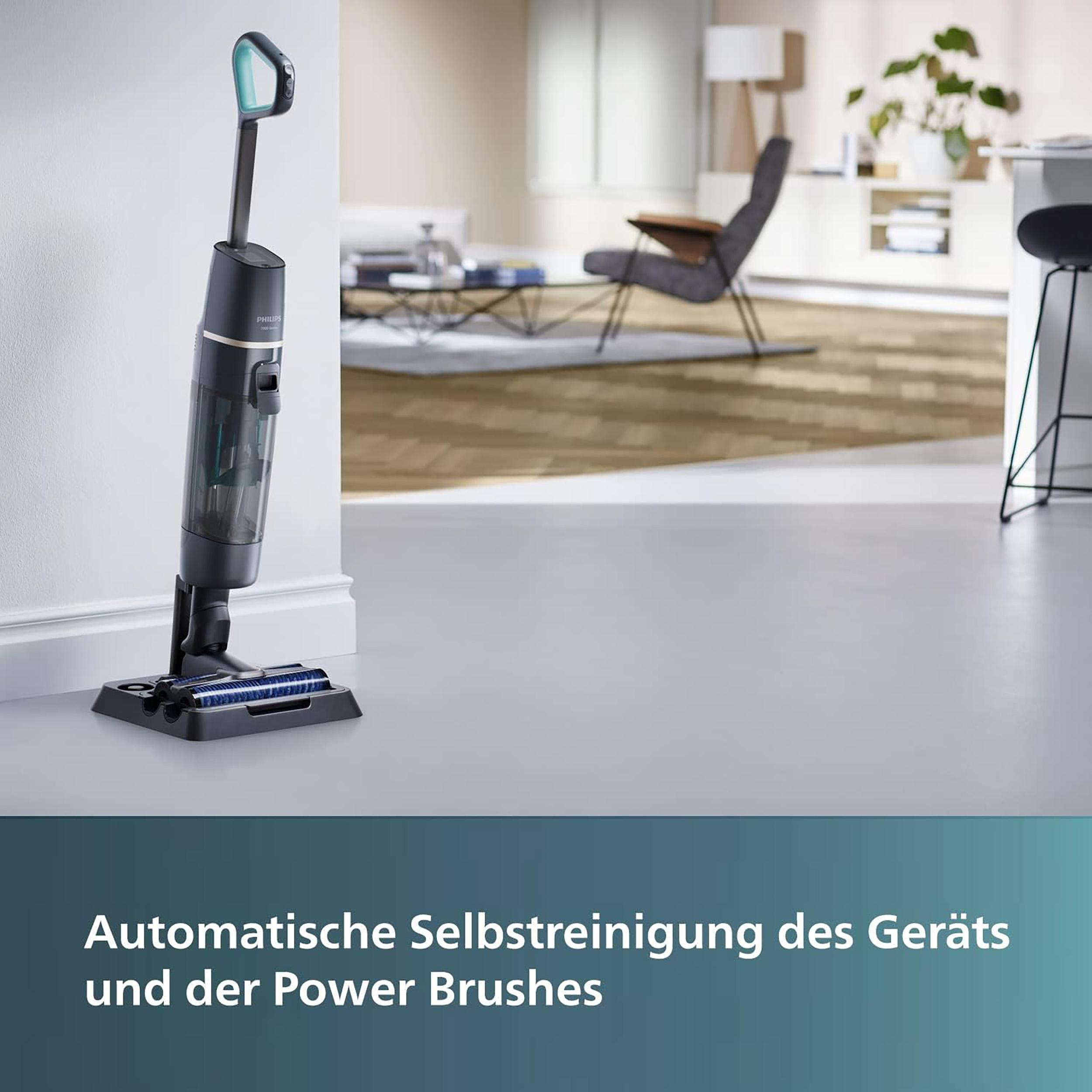 Moderner kabelloser Staubsauger auf hellgrauem Boden, Text unten.