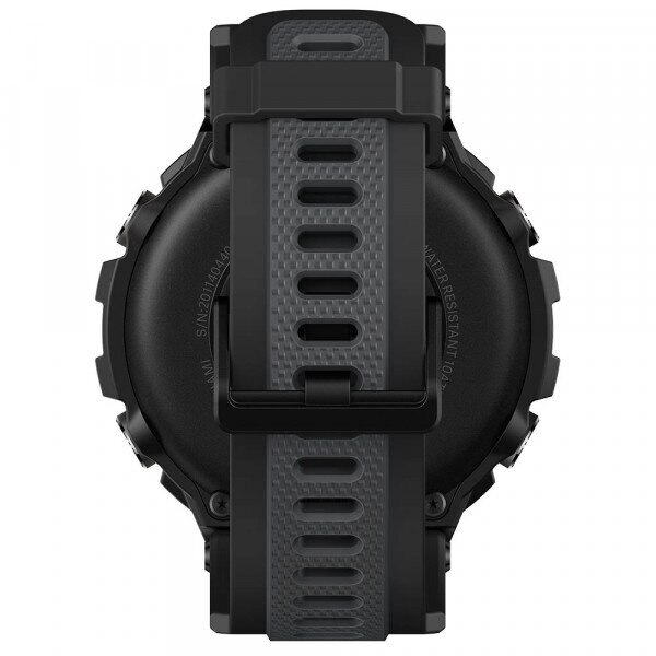 Czarny smartwatch, widok z tyłu, z szarym paskiem i szczegółami tekstowymi.