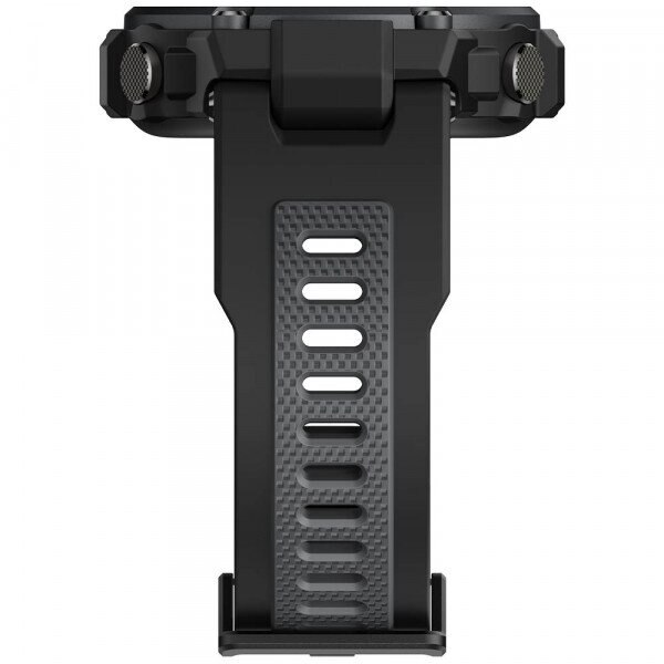 Czarny zegarek pokazujący tył i część paska. Ma dwa przyciski z boku.