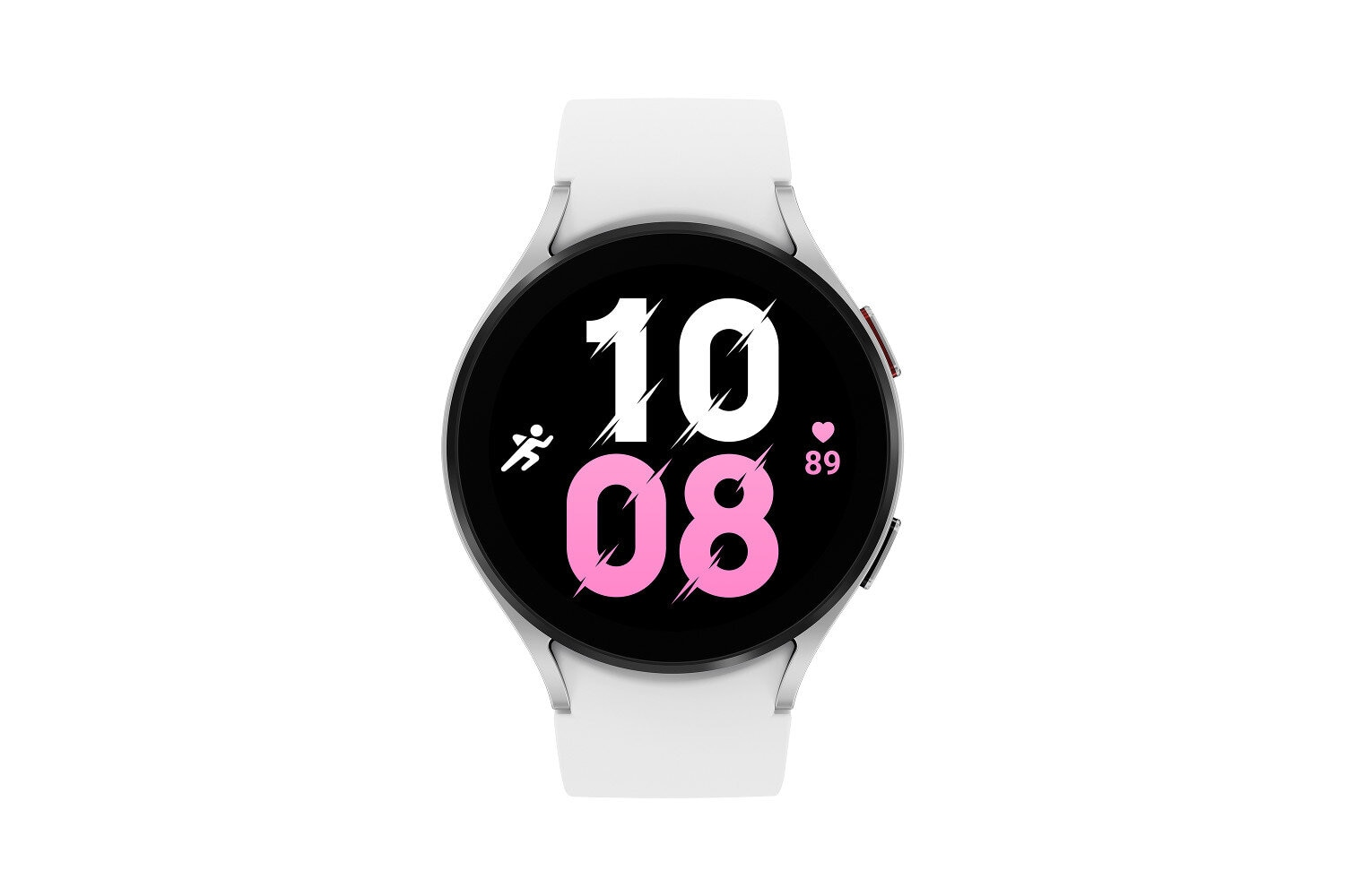 Biały smartwatch ze srebrną ramką, pokazuje 10:08, ikonę biegu i tętno 89.
