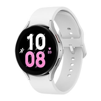 Biały smartwatch z okrągłą czarną tarczą i srebrnymi akcentami.