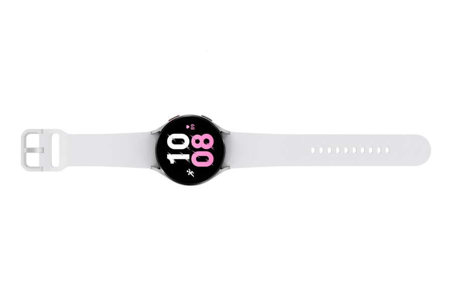 Biały smartwatch z okrągłą tarczą wyświetlającą godzinę cyfrową 10:08.