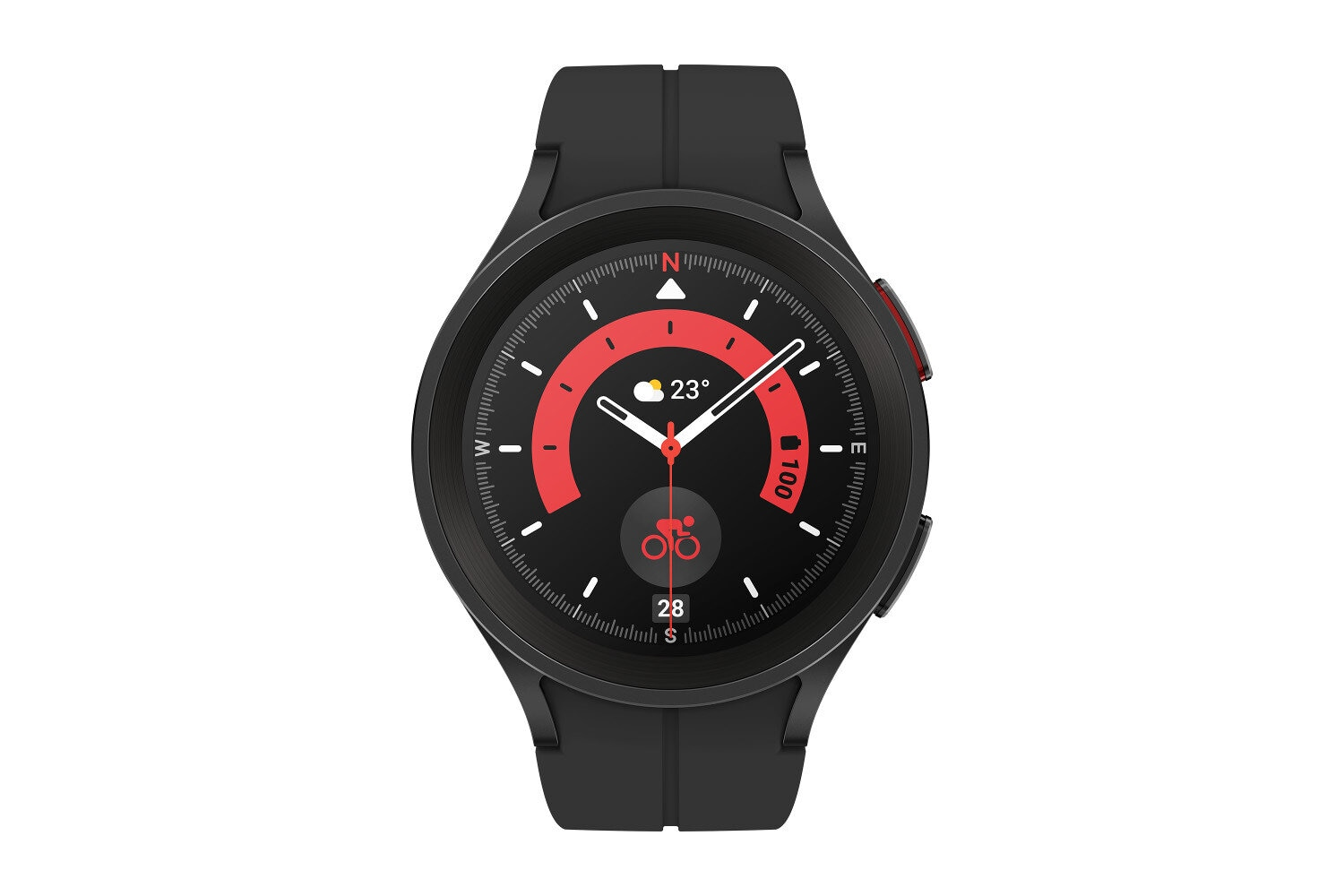 Czarny smartwatch z tarczą kompasu, 23 stopnie i ikoną roweru.