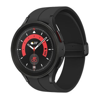 Czarny smartwatch z czerwoną tarczą, ikoną roweru i szczegółowymi odczytami.