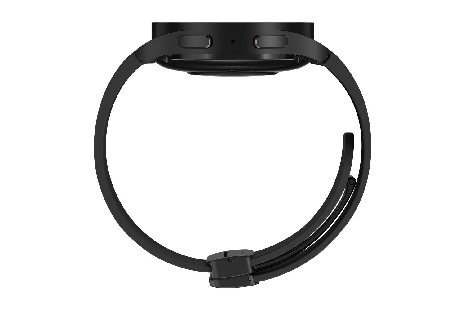 Czarny smartwatch z paskiem, widok z góry.