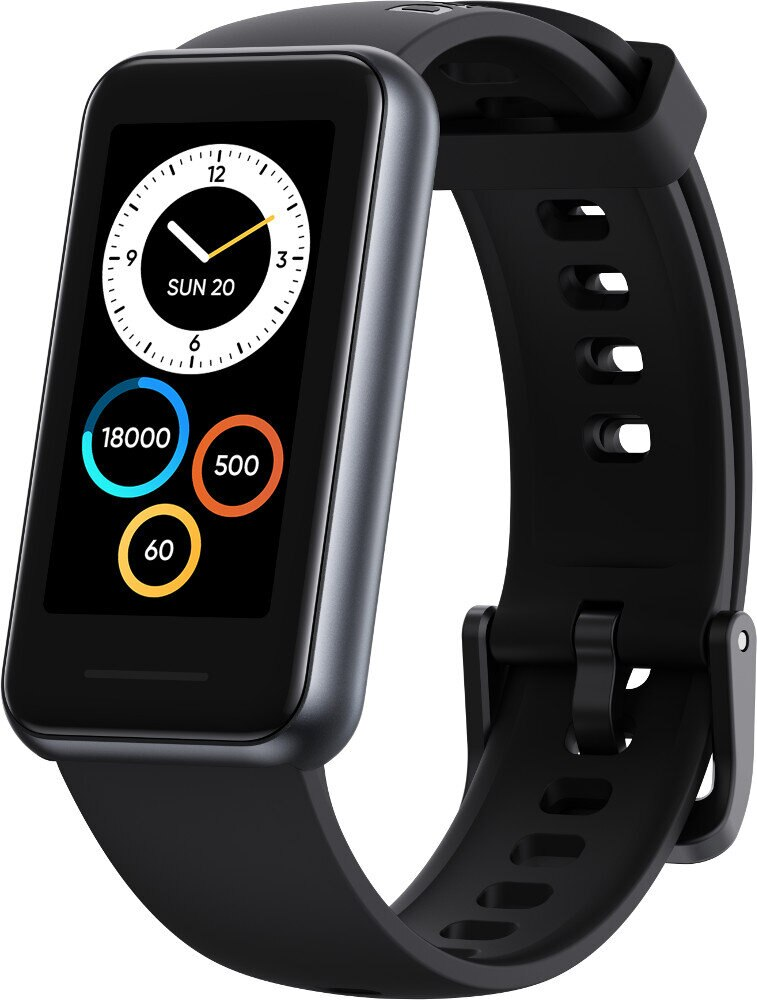 Czarny smartwatch z prostokątnym wyświetlaczem pokazującym godzinę, datę i statystyki.