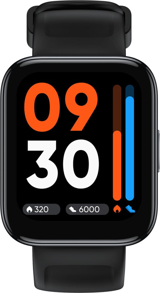 Czarny smartwatch pokazuje 09:30, 320 kalorii, 6000 kroków.