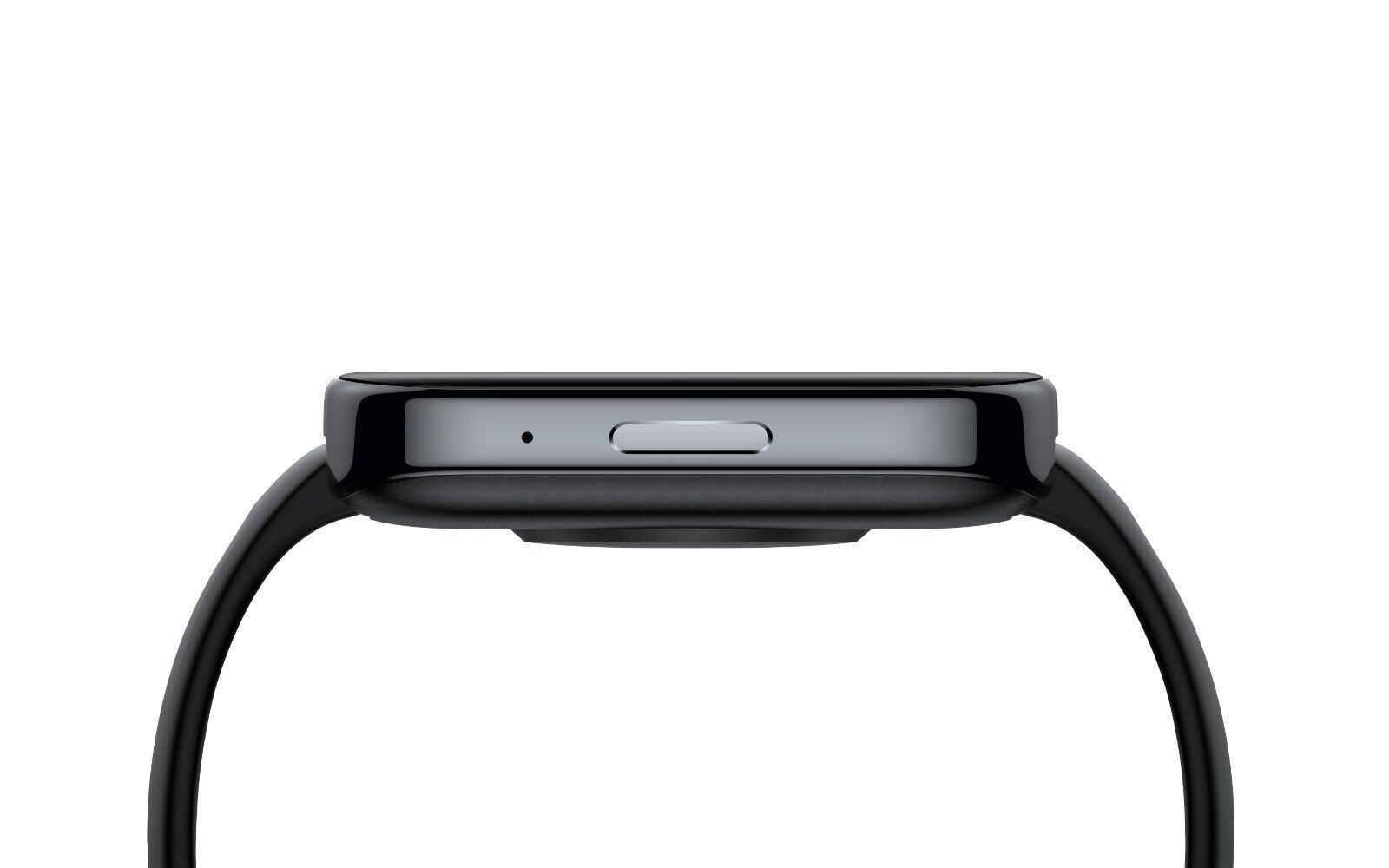 Zbliżenie czarnego smartwatcha z przyciskiem i otworem na białym tle.