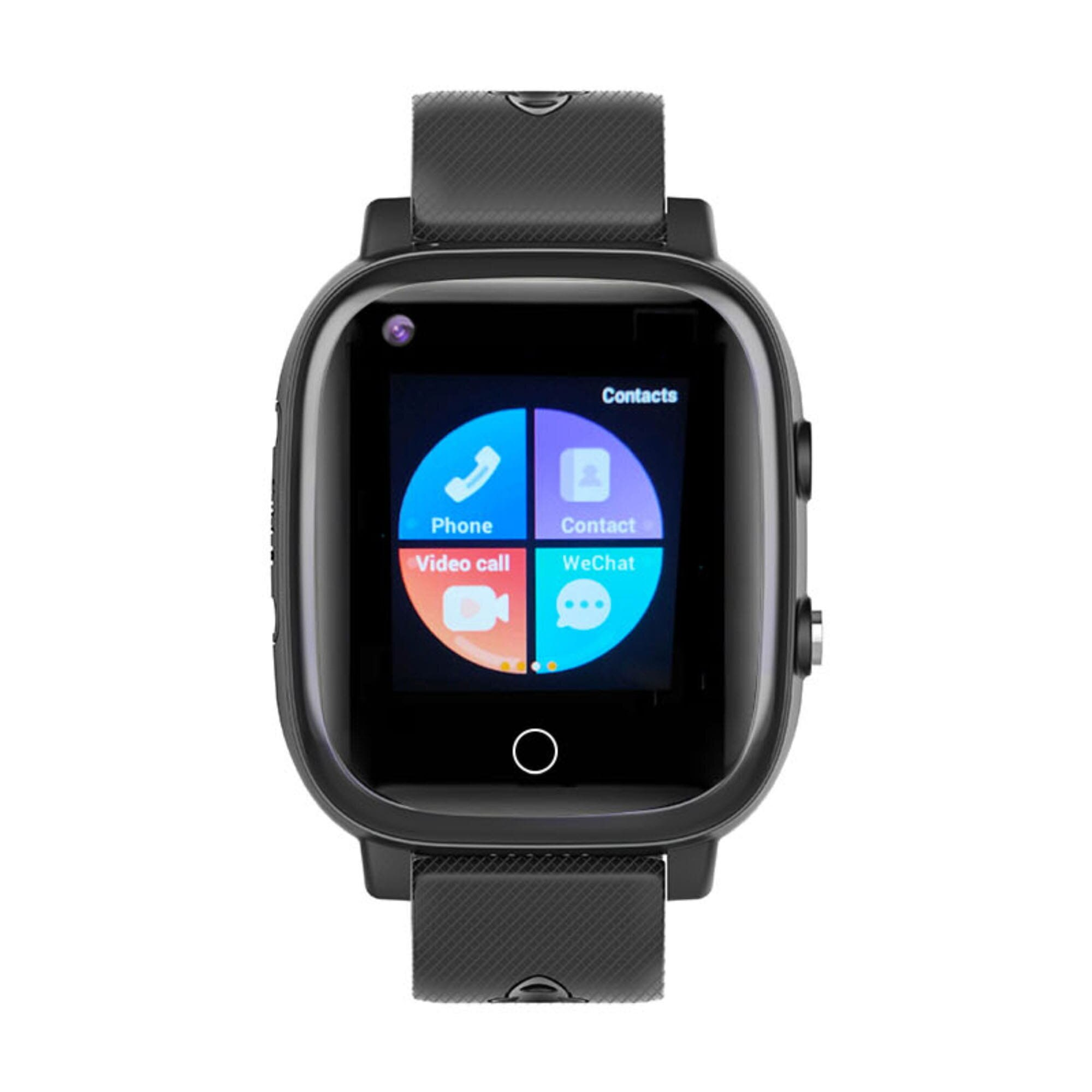 Smartwatch z czarnym paskiem i ekranem wyświetlającym ikony telefonu, kontaktu, połączenia wideo i WeChat.