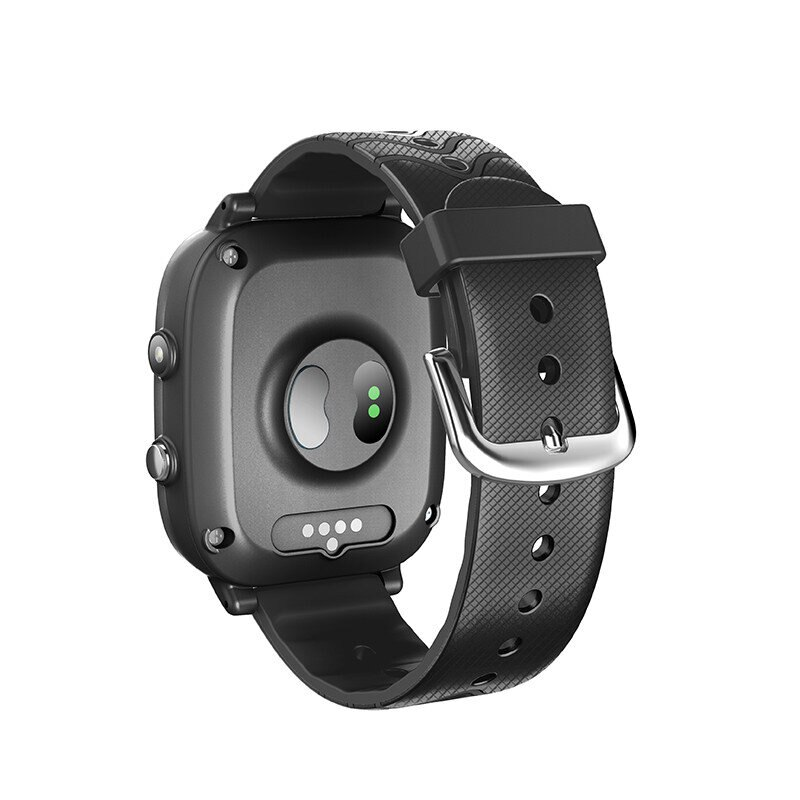 Czarny smartwatch z paskiem z klamrą. Tył ma czujnik i styki ładowania.