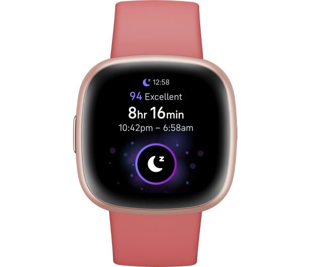 Różowy smartwatch wyświetla dane dotyczące snu: 8h 16min, 94 Doskonale.