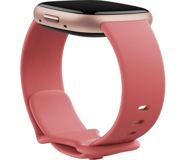 Różowo-złoty smartwatch z czarnym ekranem i różową opaską.