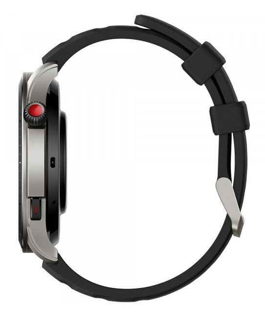 Srebrno-czarny smartwatch, widok z profilu. Pasek jest czarny. Na górze czerwony przycisk.