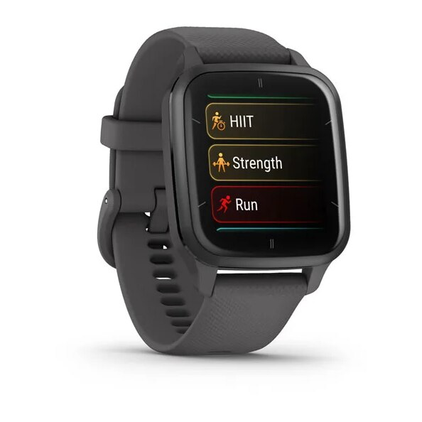 Czarny smartwatch z szarym paskiem. Ekran wyświetla opcje treningu: HIIT, Siła, Bieganie.