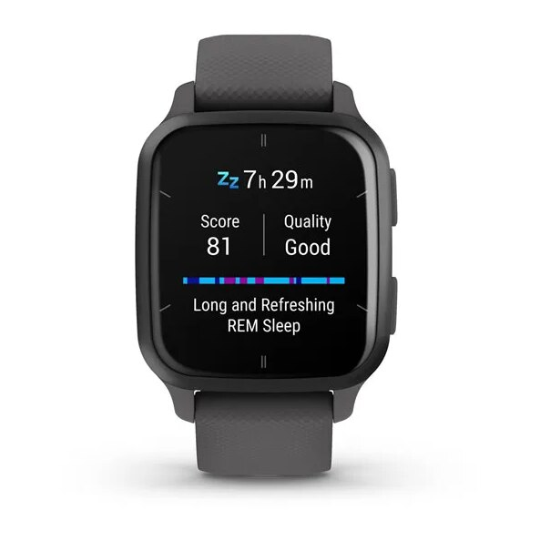 Smartwatch Garmin wyświetlający dane dotyczące snu, pokazujący wynik, jakość i czas snu.