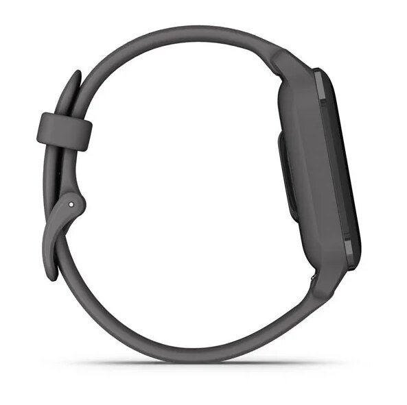 Szary smartwatch w widoku z profilu. Pasek się zakrzywia. Design jest elegancki i nowoczesny.