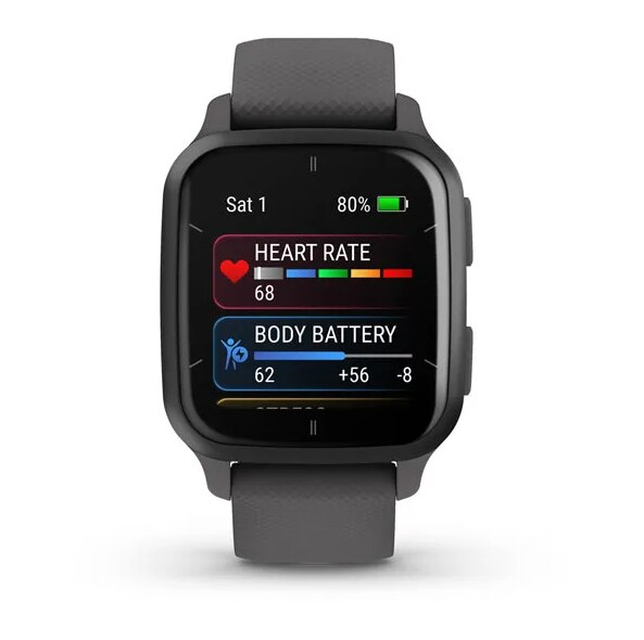 Smartwatch ze wskaźnikami tętna i baterii na ciemnoszarym pasku. Wyświetlacz pokazuje dane.