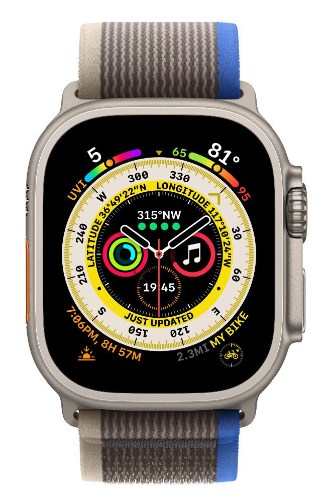 Smartwatch APPLE Watch Ultra GPS + Cellular koperta 49mm z tytanu z opaską Trail w kolorze niebieskim/szarym w rozmiarze S/M MNHL3WB/A