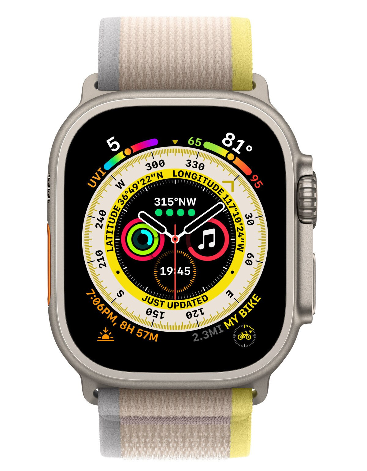 Smartwatch APPLE Watch Ultra GPS + Cellular koperta 49mm z tytanu z opaską Trail M/L w kolorze żółty-beżowy MQFU3WB/A