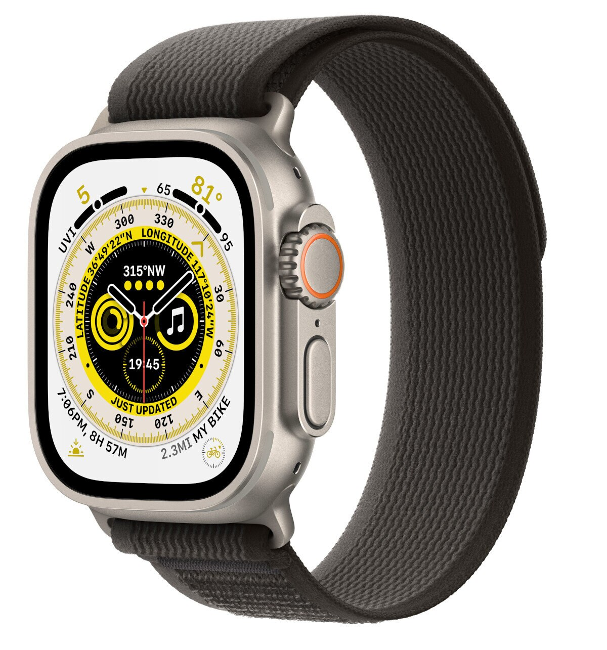 Smartwatch APPLE Watch Ultra GPS + Cellular koperta 49mm z tytanu z opaską Trail M/L w kolorze czarnym-szarym MQFX3WB/A