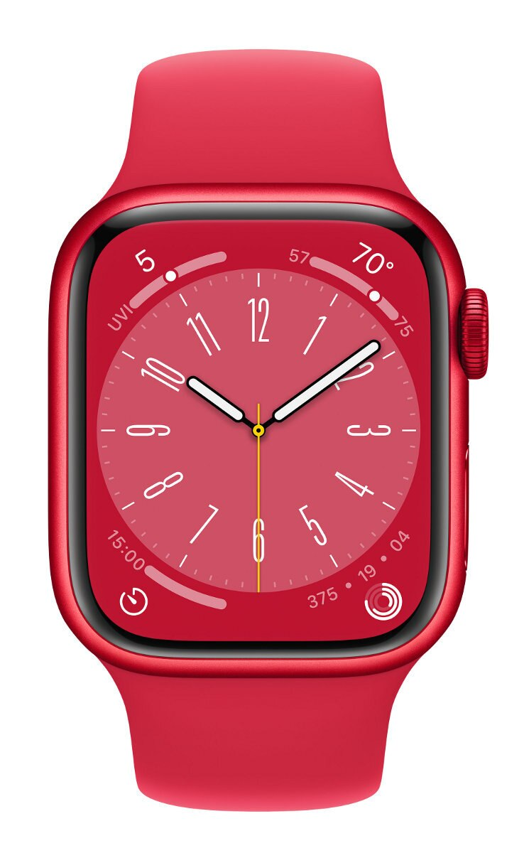 Czerwony smartwatch wyświetlający godzinę 12:00 na cyfrowej tarczy.