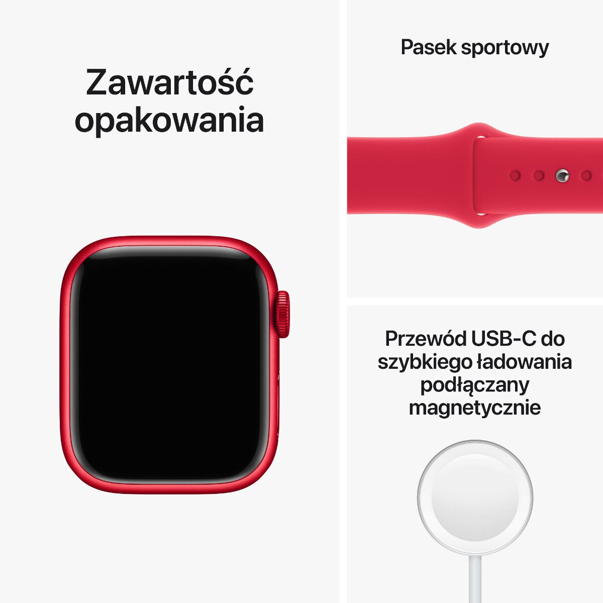 Czerwony smartwatch z kablem ładującym i paskiem