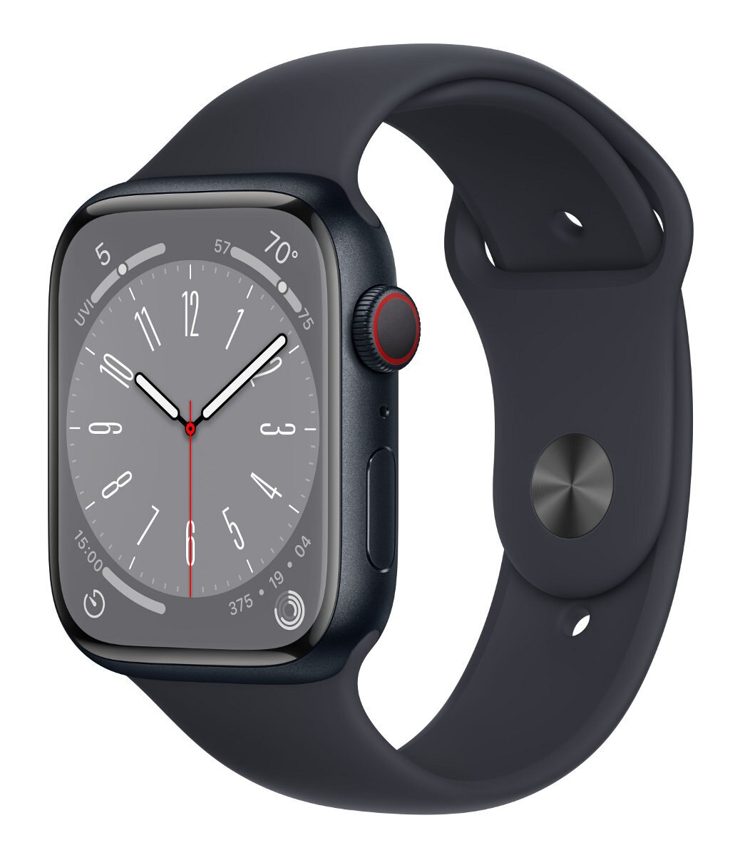Apple Watch Series 8 w ciemnoniebieskiej obudowie i pasku, wyświetlający godzinę na ekranie.