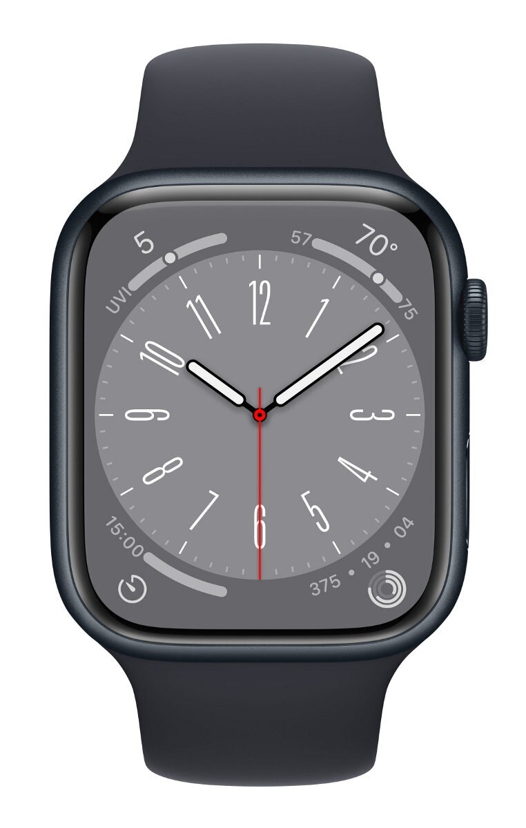 Apple Watch z czarnym paskiem. Ekran pokazuje zegar z białymi wskazówkami na szarym tle.