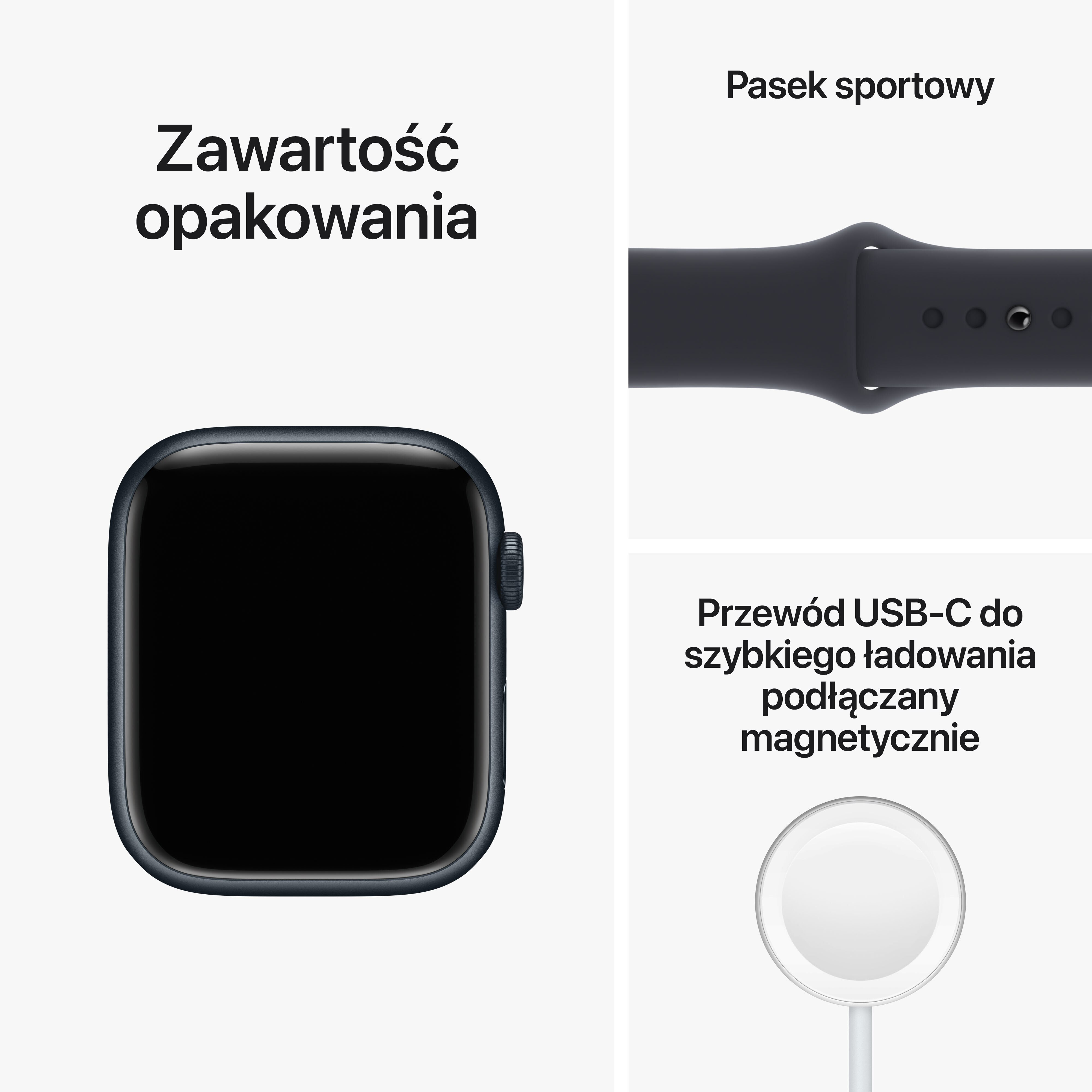 Apple Watch z akcesoriami, w tym czarnym paskiem i kablem ładującym.