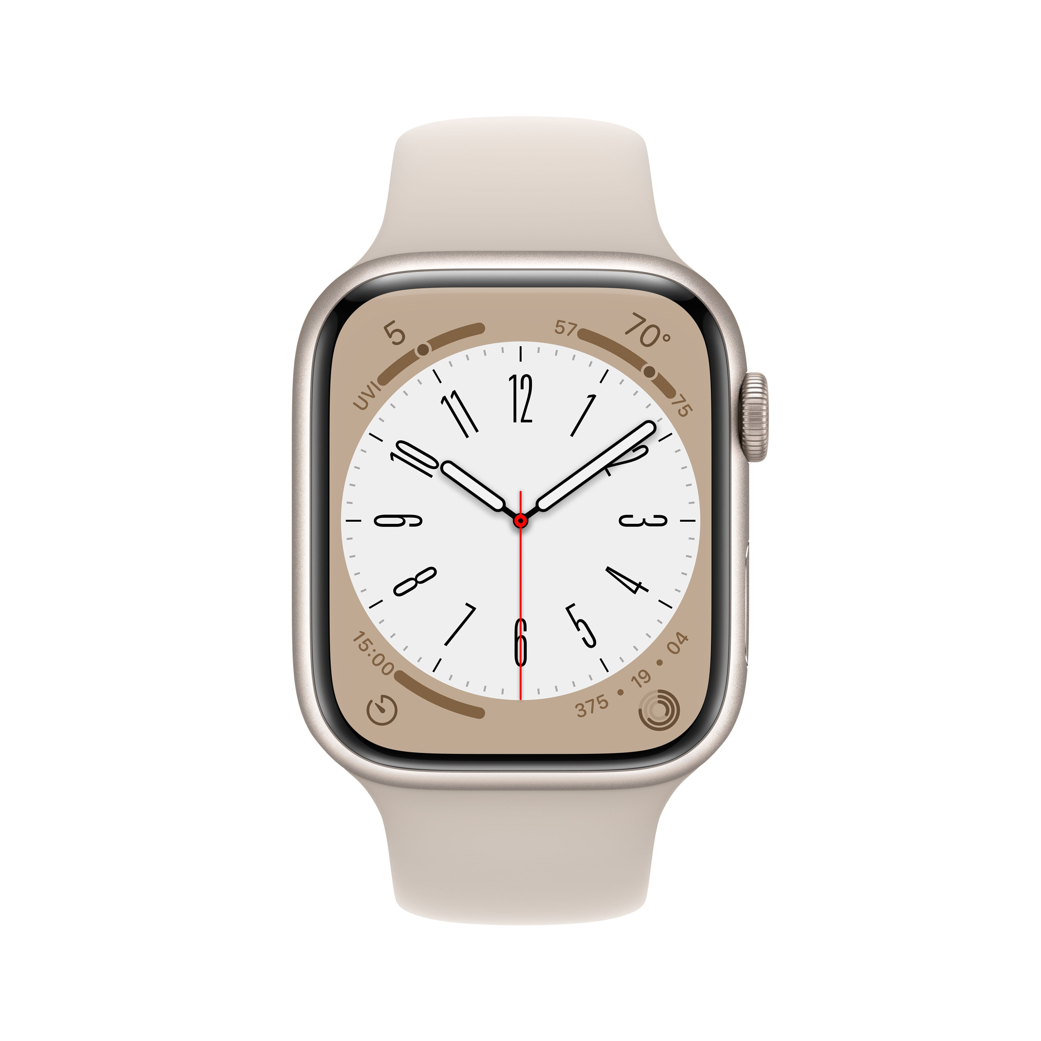 Beżowy smartwatch z okrągłą tarczą pokazuje 10:08.