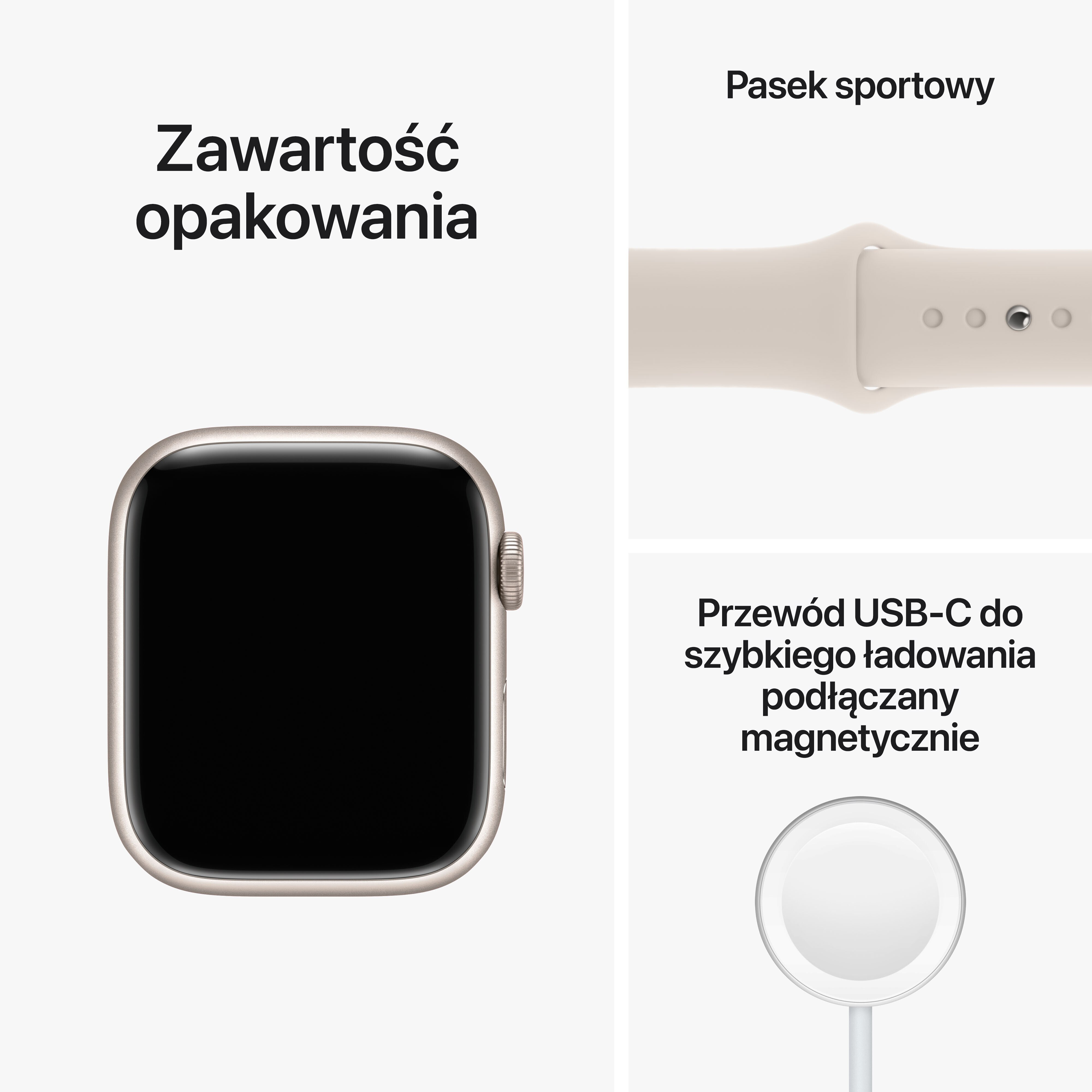 Srebrny wyświetlacz smartwatch, kremowy pasek sportowy i magnetyczny kabel ładujący.