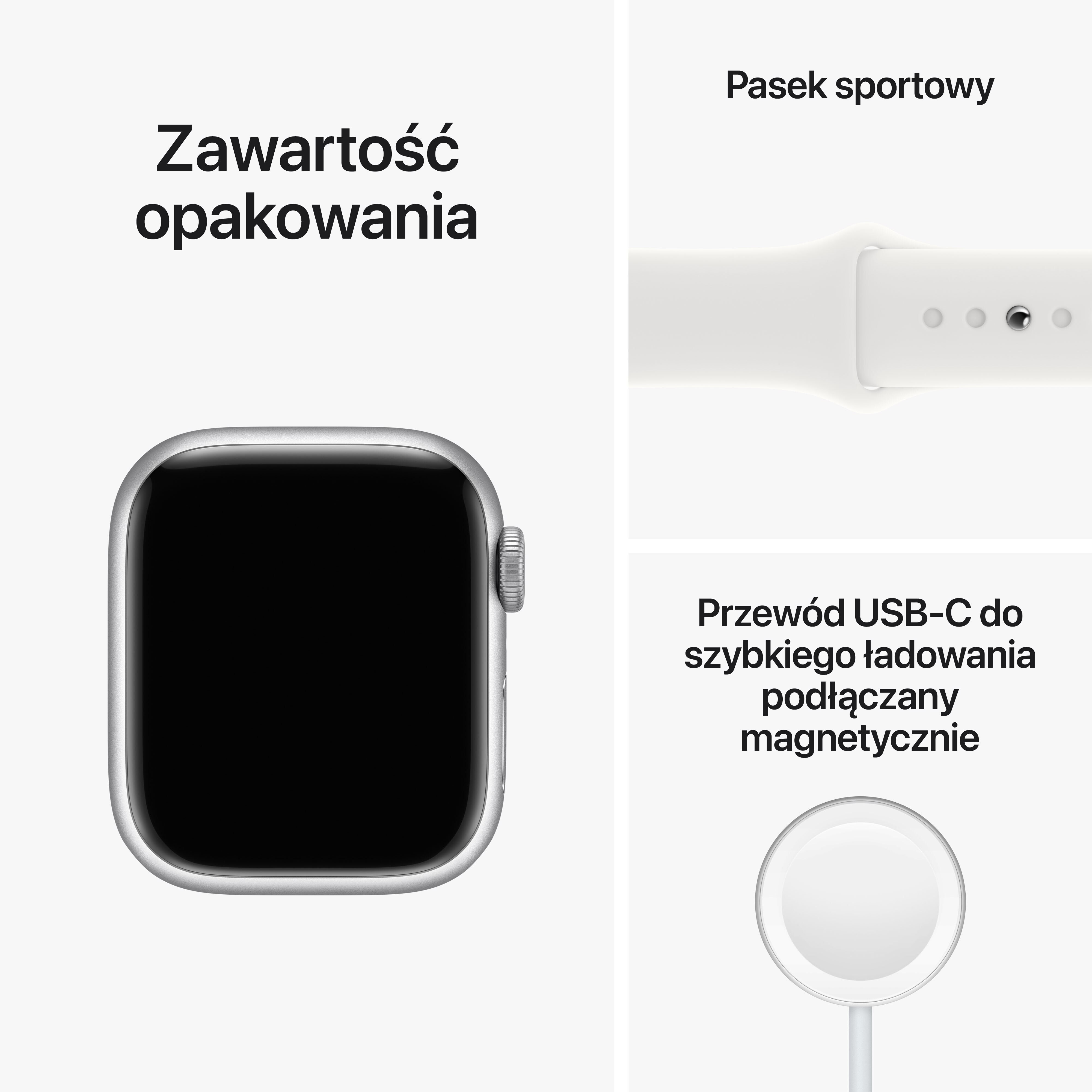 Smartwatch APPLE Watch Series 8 GPS Koperta 45mm z aluminium w kolorze srebrnym z paskiem sportowym w kolorze białym MP6N3WB/A