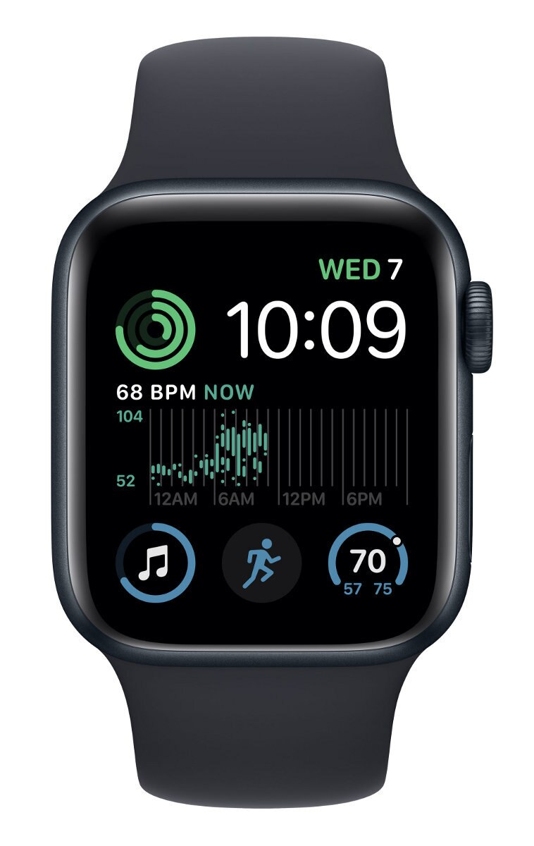 Ciemny smartwatch wyświetla 10:09, 68 BPM i ikony aktywności.