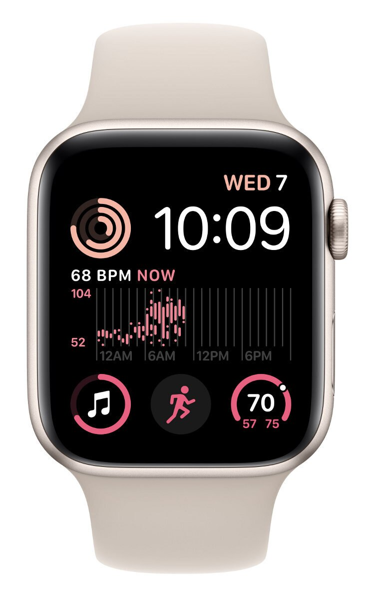 Smartwatch pokazuje czas, tętno i inne wskaźniki zdrowia na białym tle.