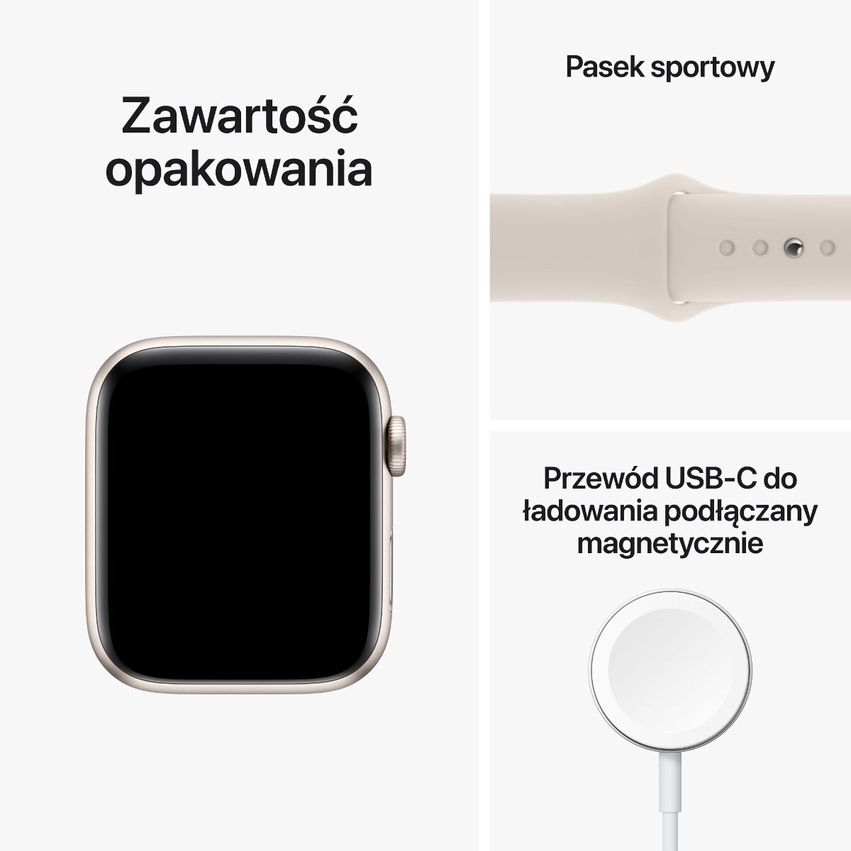 Apple Watch, pasek sportowy i ładowarka na białym tle, z tekstem w języku polskim.